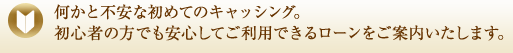 何かと不安な初めてのキャッシング。初心者の方でも安心してご利用できるローンをご案内いたします。